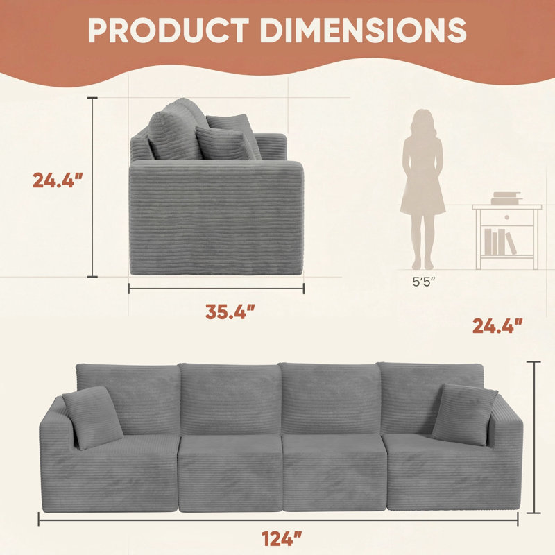 Canapé d'angle modulaire sans os, canapé de compression en forme de U Cloud avec larges accoudoirs, Velours côtelé gris
