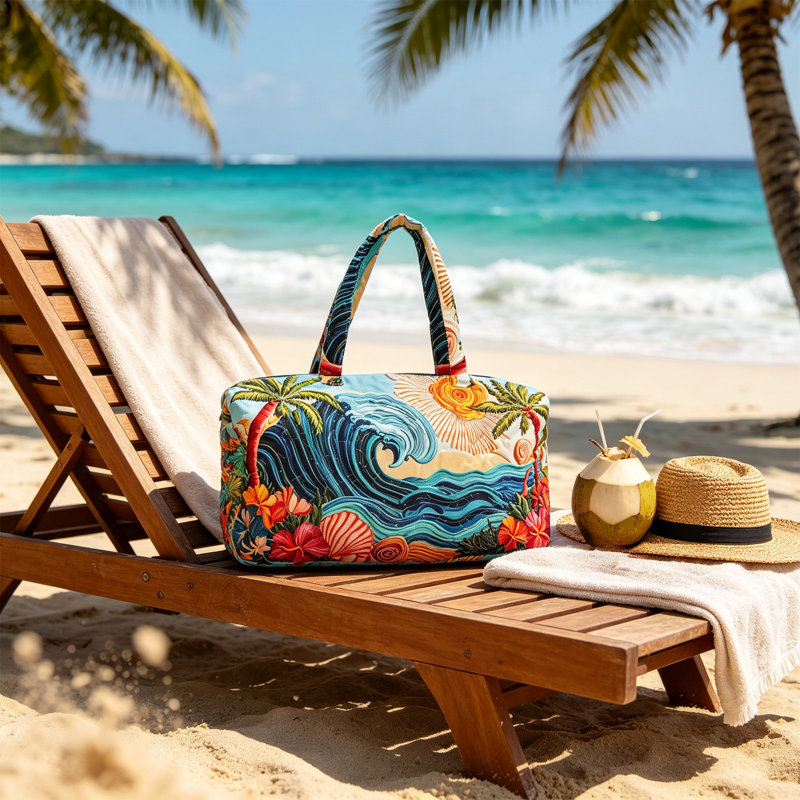 Pochette de poitrine en tissu, sac de voyage hawaïen matelassé à imprimé palmiers et vagues tropicales, idéal pour les vacances et la salle de sport.