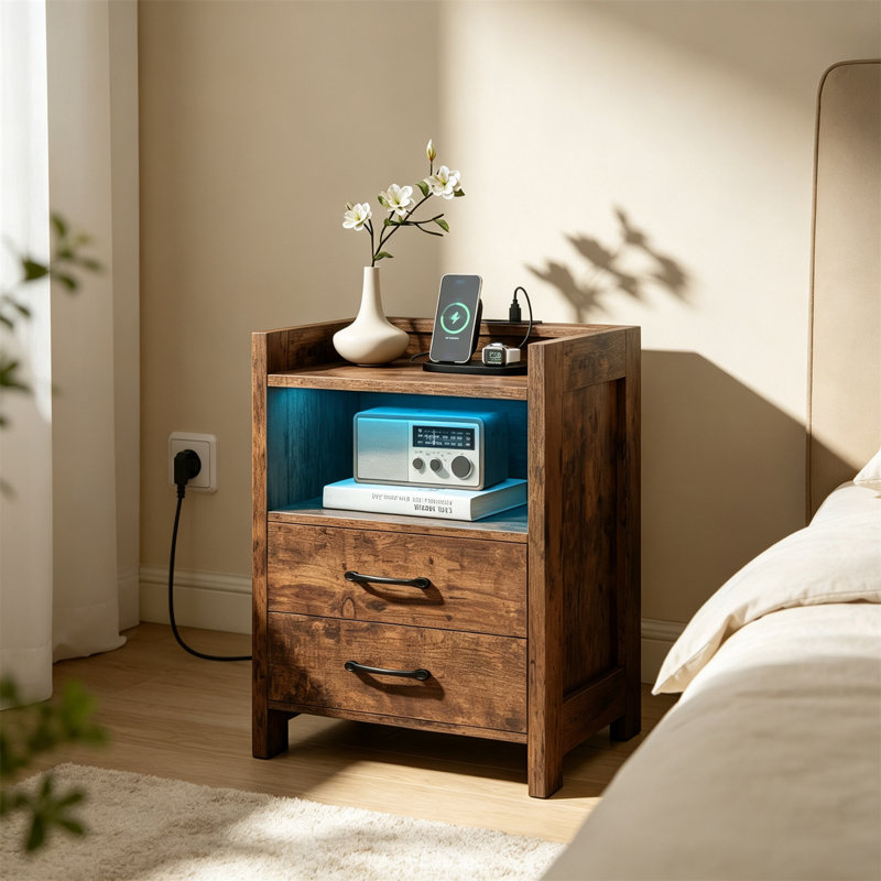 Set of 2 Nightstand with LED Lights, Rustic Brown