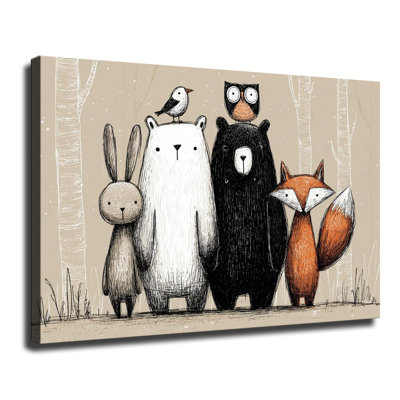 Cute Woodland Forest Animals Sketch Art, Large Gallery Wrapped Canvas Wall Art Print For Living Room Bedroom