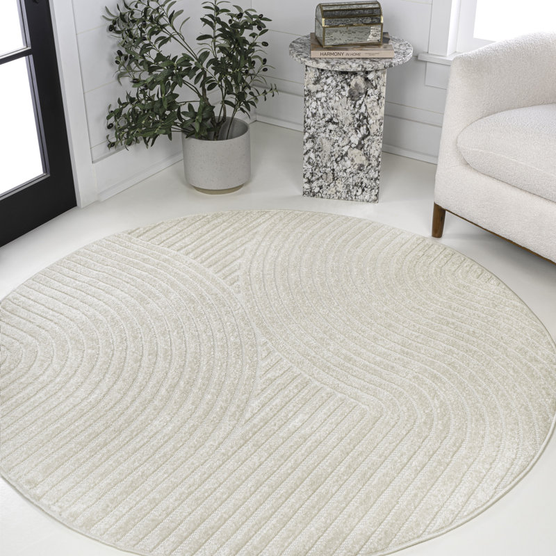 Atzi High-Low Minimalist Curve Geometric Ivory/Cream Indoor/Outdoor Rug, Round 5'3"