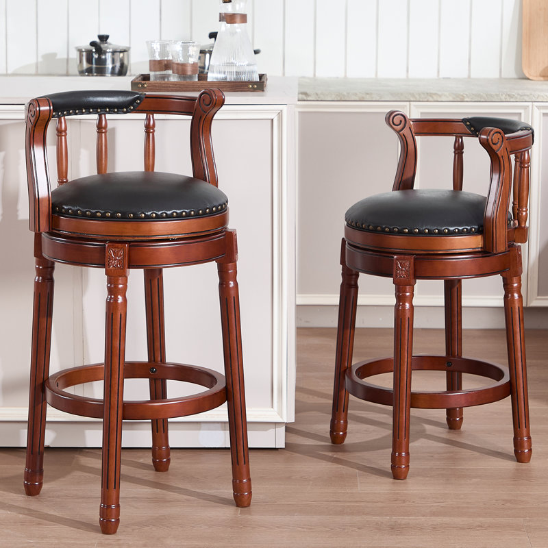 Swivel Bar Stool with Top-Grain Leather Seat, Hollow Back Design, Solid Wood Frame & Footrest for Kitchen, Dining, or Living Room
