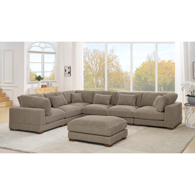 Canapé modulaire réversible de coin avec repose-pieds Arliz, Velours côtelé chameau