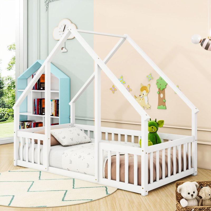 Lit en bois avec garde-corps en forme de maison, Simple, Blanc