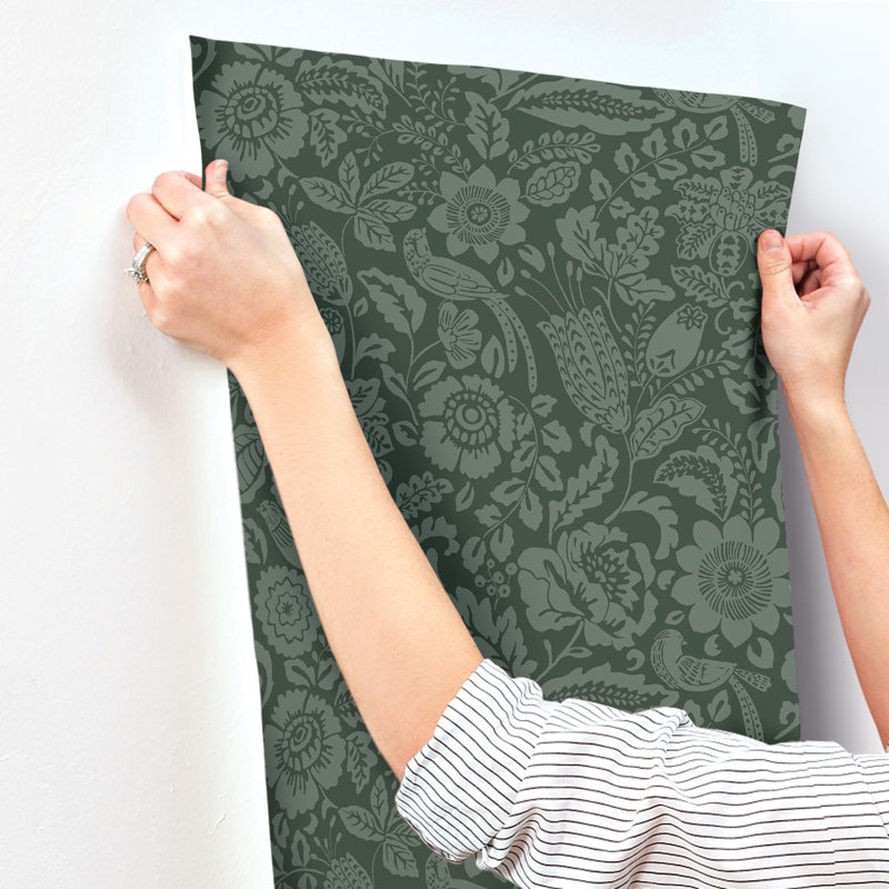 Marta Navy Floral Trail Wallpaper, Green