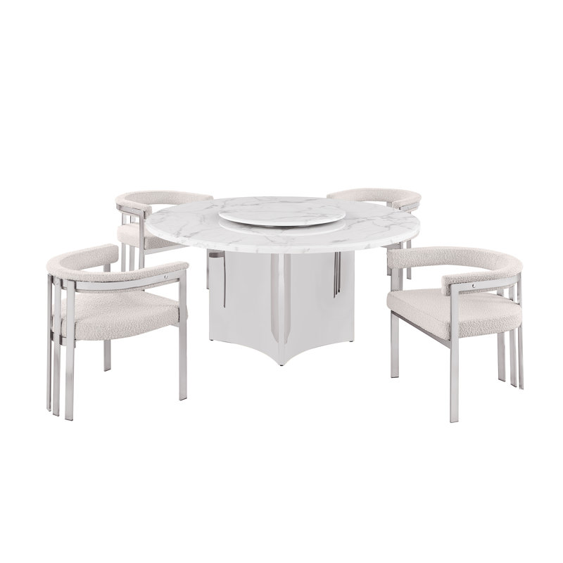 Ensemble de salle à manger en marbre blanc avec chaises Lazy Susan et Boucle, Crème, Argent argent