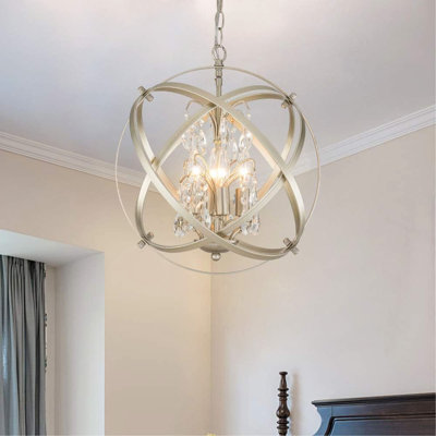 Lustre en cristal 4 lumières cage, luminaire suspendu moderne en métal globe, plafonnier suspendu sphérique ajustable, pour cuisine, entrée, salle à manger, salon
