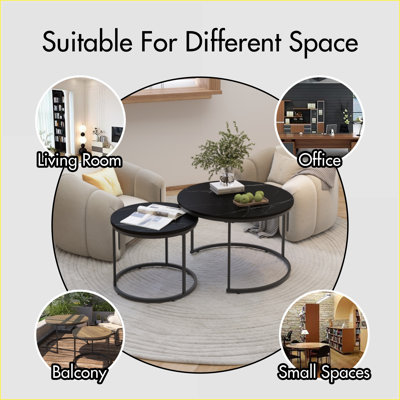 Space-Saving Round Marble Top Coffee Table Set of 2 with Sturdy Metal Frame for Living Room &amp; Bedroom (White)