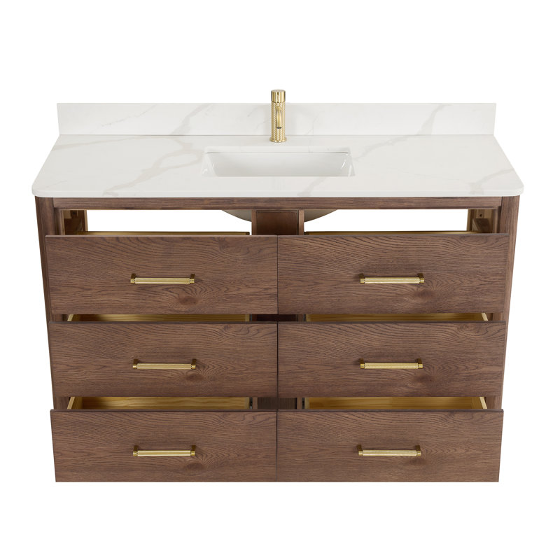 Meuble-lavabo sur pied simple 55 po avec plateau en quartz Calacatta Porto, Chêne brun foncé, Or