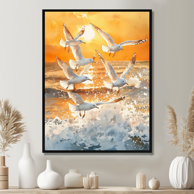 Aydenne mouettes au lever du soleil II - oiseau, art mural, Noir, Impression encadrée flottante, H 20 po x l 12 po