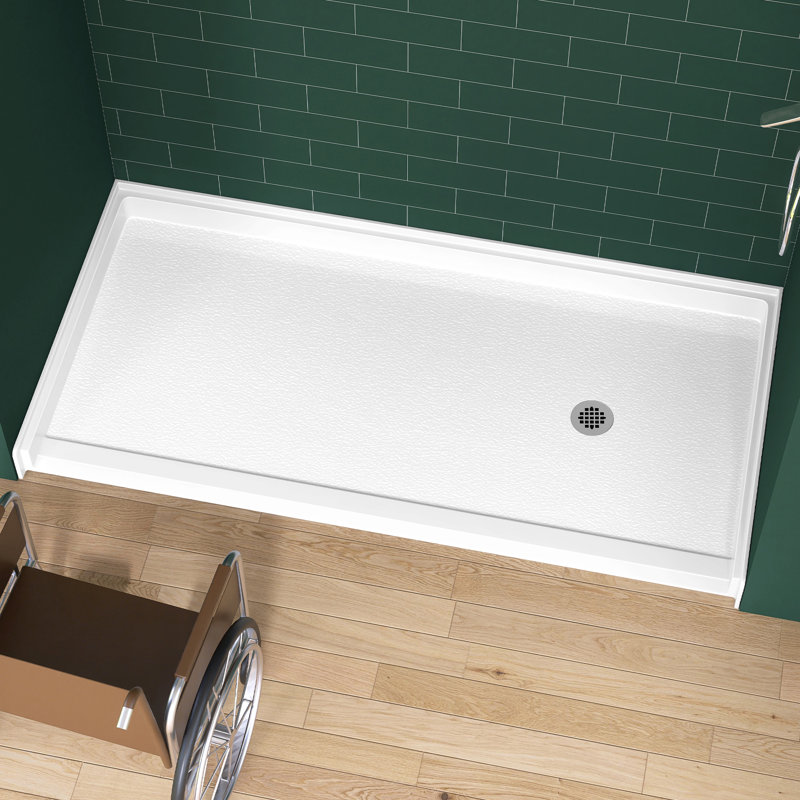 L 72 po x l 36 po Base de douche simple à seuil bas ADA avec drain à droite, bac de douche en acrylique antidérapant et base, plateau de douche blanc brillant avec ensemble de drain, base de douche à bride à carreaux à 3 côtés pour alcôve à 3 parois Installation