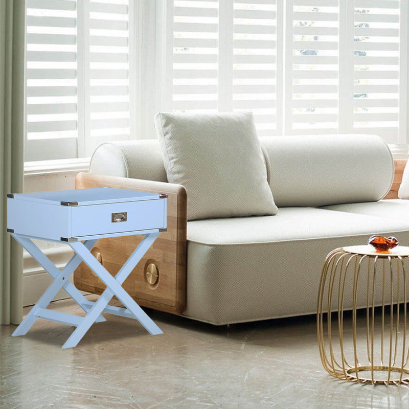Asger Solid Wood Tray Top End Table Set with Storage and Built-In Outlets, Blue