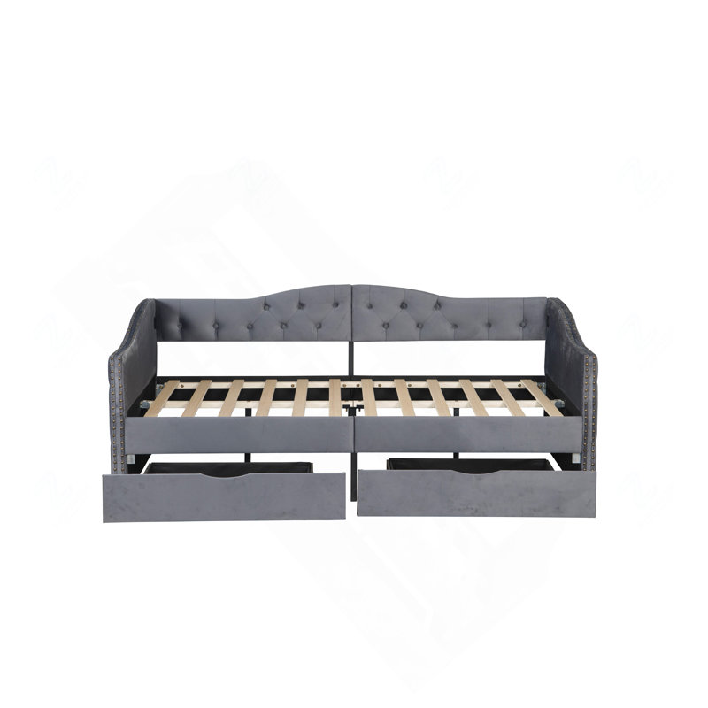 Lit plateforme Cloud entièrement capitonné en tissu bouclé, avec 2 tiroirs de rangement et ports de chargement USB, gris