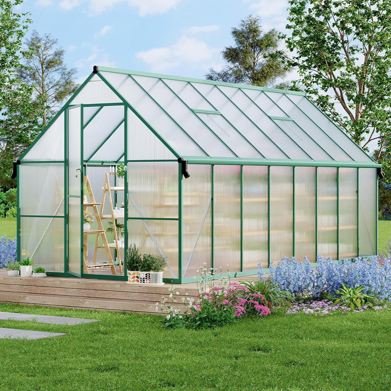 8'x16' Aluminum Frame Polycarbonate Greenhouse with Roof Vent & Gutter System, Green