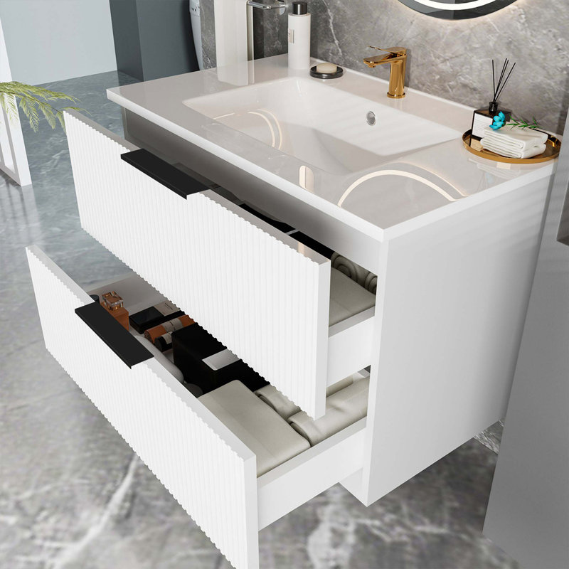 Meuble-lavabo 36 po avec lavabo en céramique - Meuble-lavabo mural flottant cannelé avec tiroirs, moderne