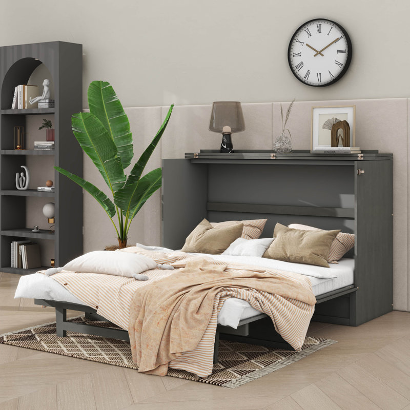 Lit escamotable avec tiroirs spacieux et ports USB pratiques, gris, Grand