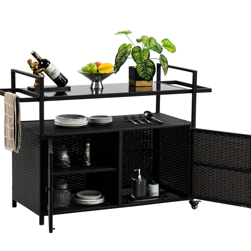 360 Smooth Wheel Outdoor Bar Cart - Black, Patio Wine Serving With Glass Tabletop For Backyard, Garden Parties Black Wheels, Rolling Beverage Top & Indoor Use
