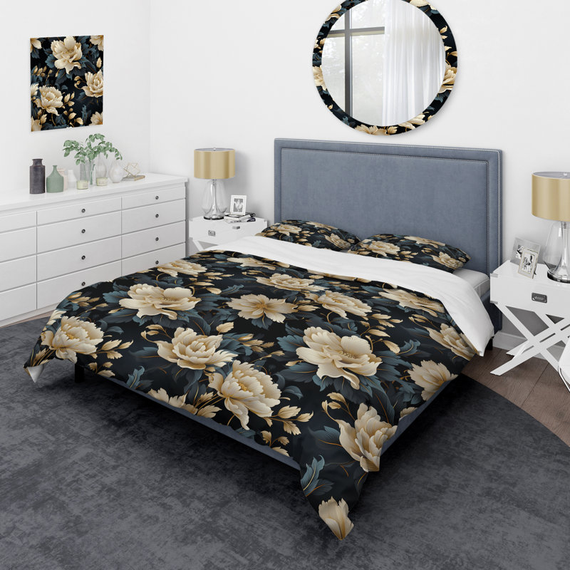 Ensemble de housse de couette Timeless Beige Peony Sophistication I, Housse de couette pour grand lit et 2 taies décor