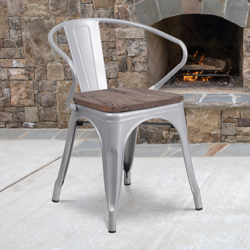 Kesterson Metal Chair with Wood Seat and Arms, Silver