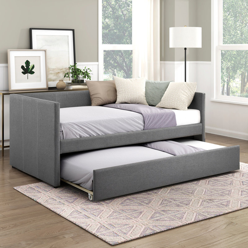 Upholstery Wooden Frame Daybed with Trundle, Dark Gray