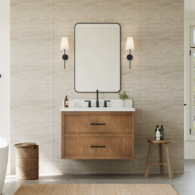 Isola WM 36 Inch Single Wall Mounted Bathroom Vanity in Toasted Walnut, Giotto Quartz Countertop, Undermount Square Sink (3-Hole), Matte Black Trim