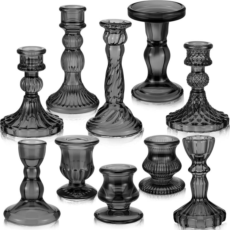 10 Pcs Black Glass Crystal Taper Candle Holders