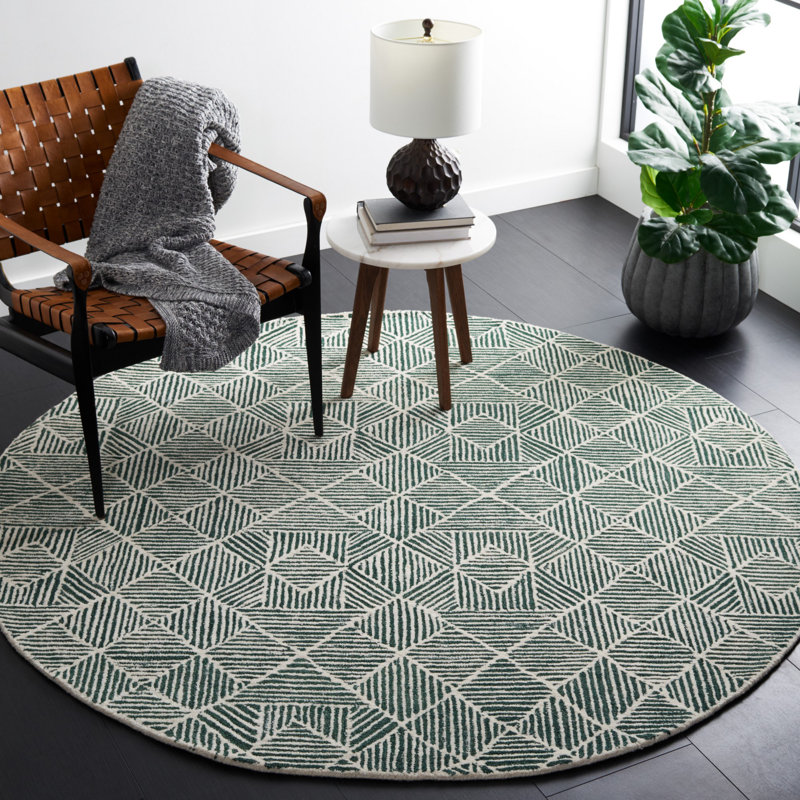Tapis vert foncé / ivoire touffeté à la main Demetrius, Rond 6 pi