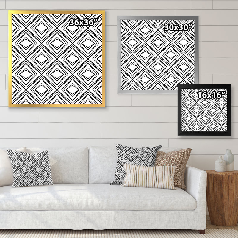 Diamant losange noir et blanc géométrique - impression sur toile, Cadre photo blanc, H 36 po x l 36 po