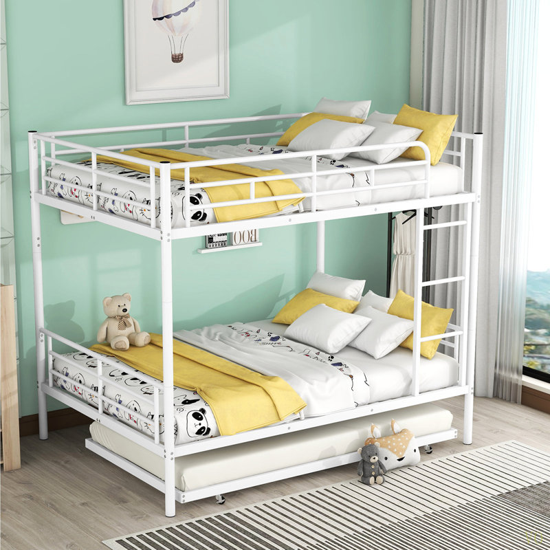 Full Over Full Metal Bunk Bed With Trundle, Full, Blanc