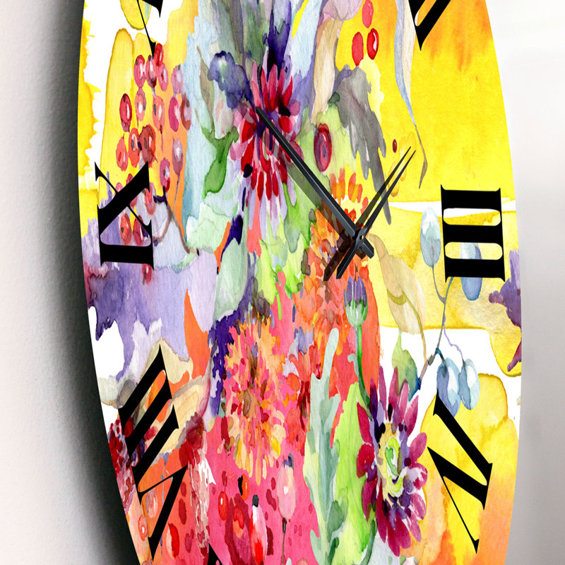 Vibrant Wild Spring Leaves and Wildflowers - Horloge murale moderne, Petit