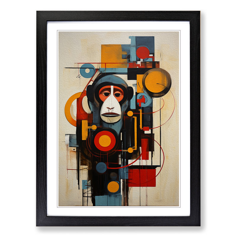 XYZ-FRM-V1223-4533 Monkey Constructivism No.4 - Single Picture Frame Print on Wood, 64cm H x 46cm W x 2cm D, Black 