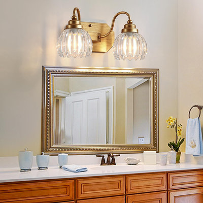 Mid Century 2-Light Crystal Glass Wall Sconce, Matte Vintage Bathroom Vanity Light Fixture
