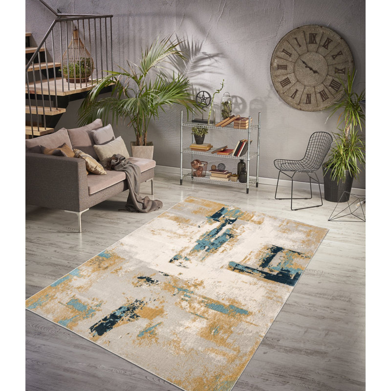 Tapis abstrait gris / ivoire / brun Roxas, Rectangle 7 pi 10 po x 10 pi 6 po