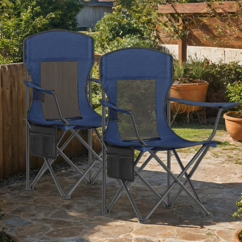 Ensemble de 2 chaises de camping pliables, chaises d'extérieur respirantes, dossier haut, accoudoirs réglables, porte-gobelet