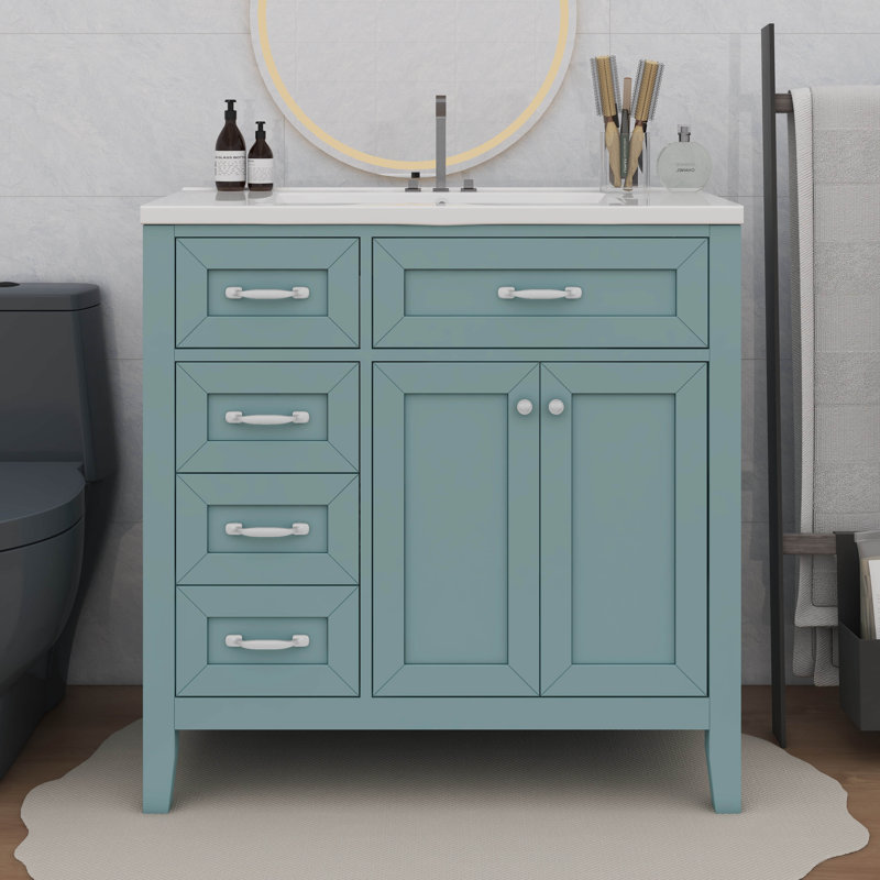 Ensemble de meuble-lavabo 36 po avec tiroirs et armoire, Vert, Argent argent