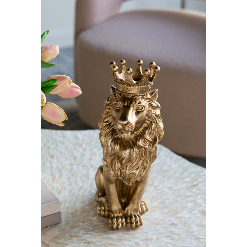 Statue de lion couronné en or 7,5 x 5,1 x 13 po assis