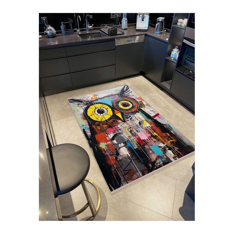 Tapis moderne lavable à la machine à motif de hiboux multicolore de la collection Sun