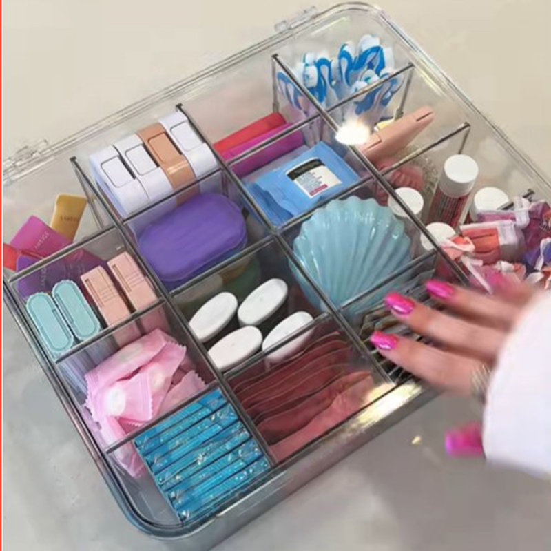 Boîte de rangement à neuf compartiments, compartiment transparent en acrylique, boîte-cadeau cosmétique, couvercle à charnière, grande capacité, boîte de bureau