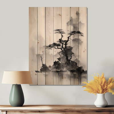 Paysage asiatique, art Sumi sur bois