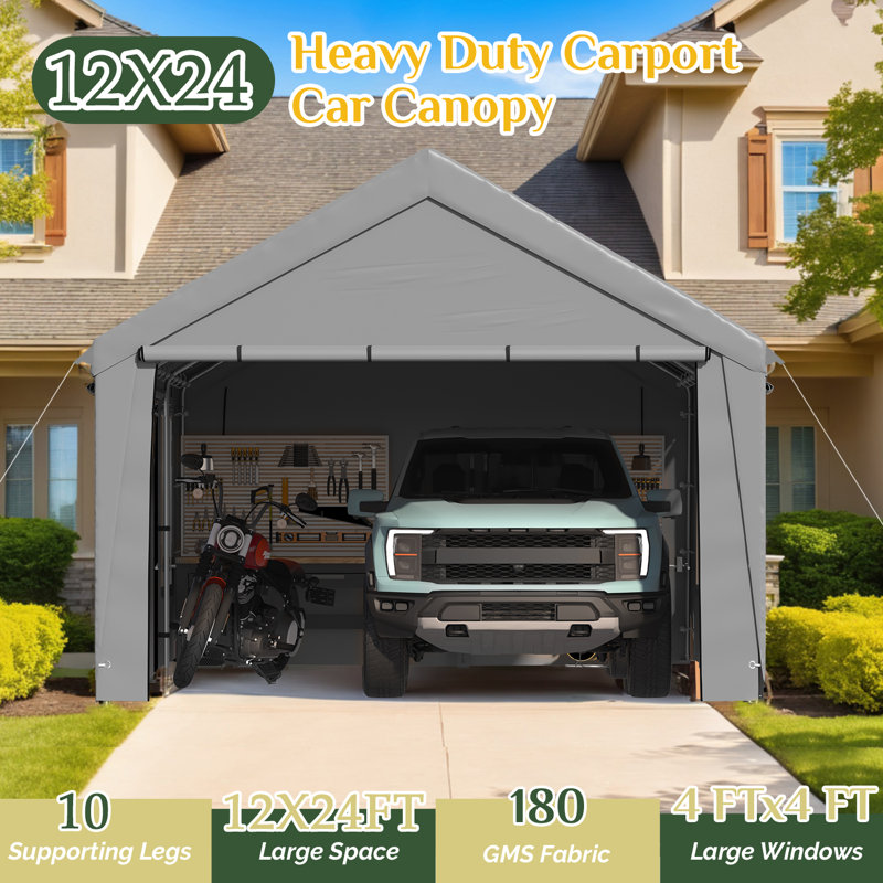 12' X 24' Heavy Duty Carport With Roll-up Windows & Removable Sidewalls -  All-season Shelter For Vehicles, Gray, Sage Gray
