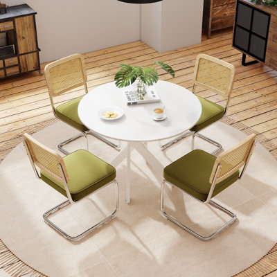 5 Piece Wooden Round Dining Table Sets with Velvet Upholstery Chairs