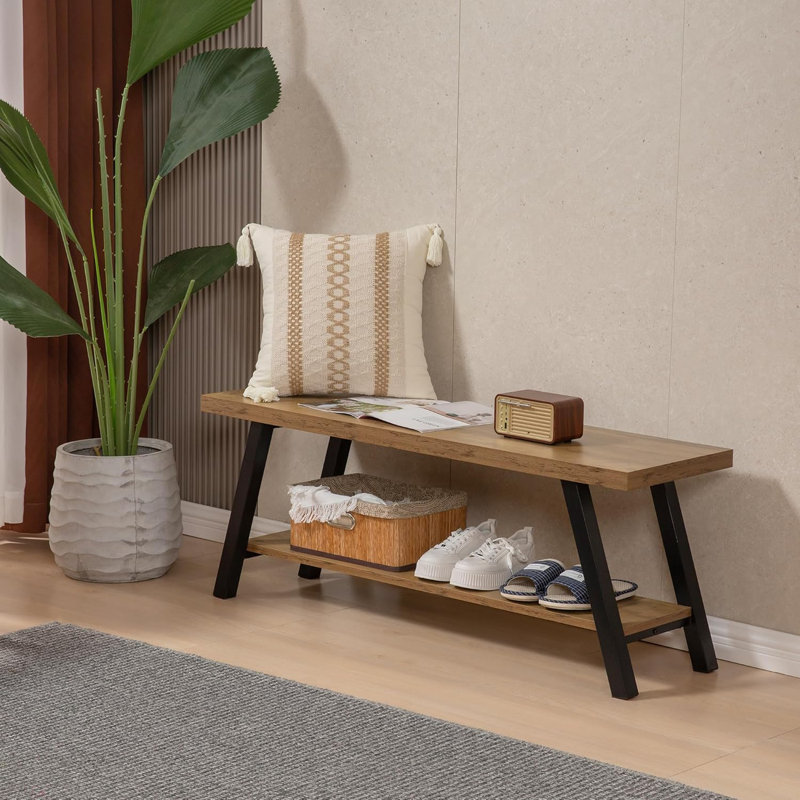 Farmhouse Industrial Metal & Wood Entryway Bench With Shoe Storage Compartments - Thumbnail 5