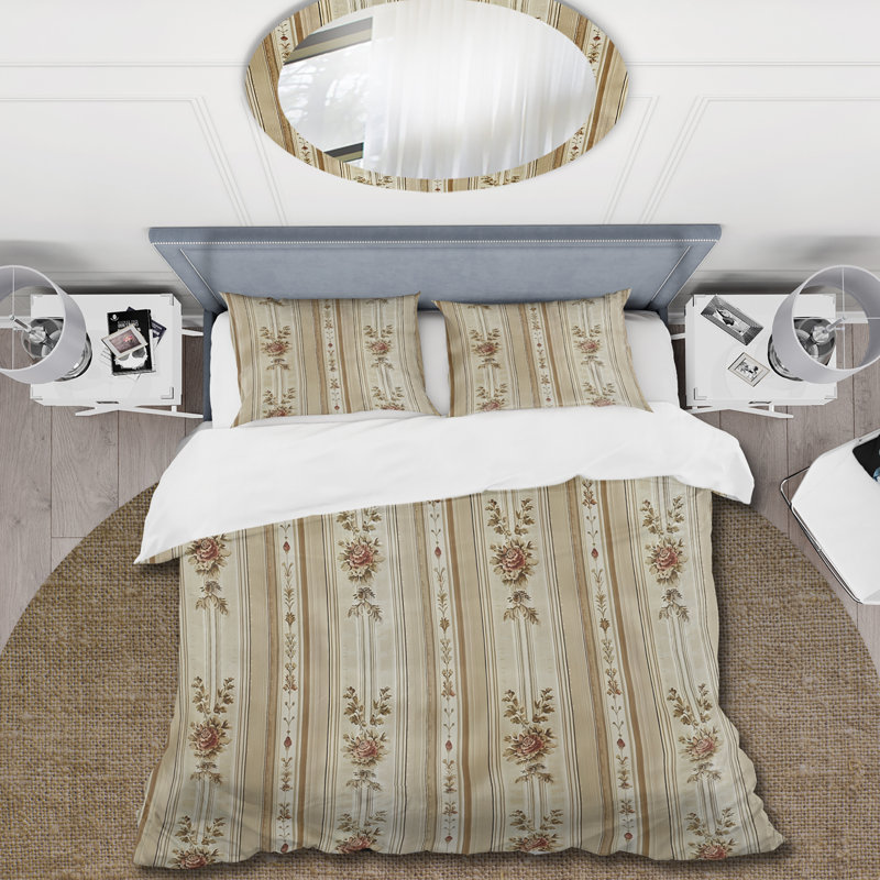 Ensemble de housse de couette Beige White Flower Pinstripe Print II - Traditional