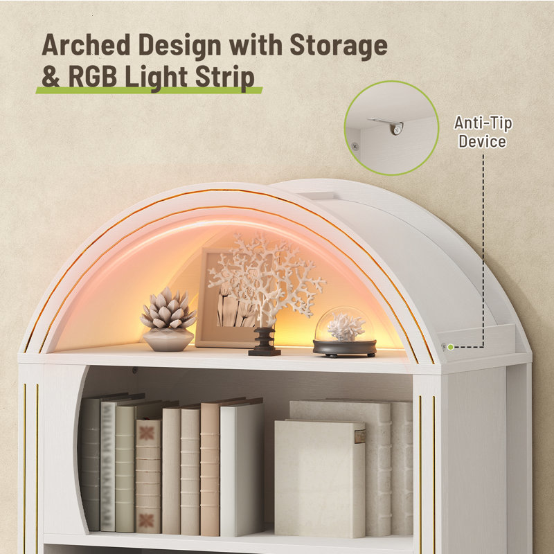 70.3" Tall Arched Bookcase, 6-tier Book Shelf With Led Lights, Farmhouse Arched Bookshef With Open Shelves and Drawer, Large Wood Storage Bookcase