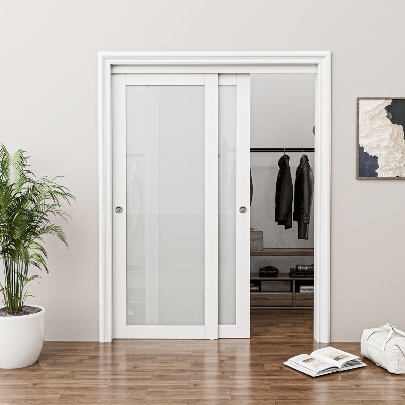 Porte coulissante 80 "trempée givrée 1 blanc clair avec quincaillerie et poignées 80", 48“×80", Un verre