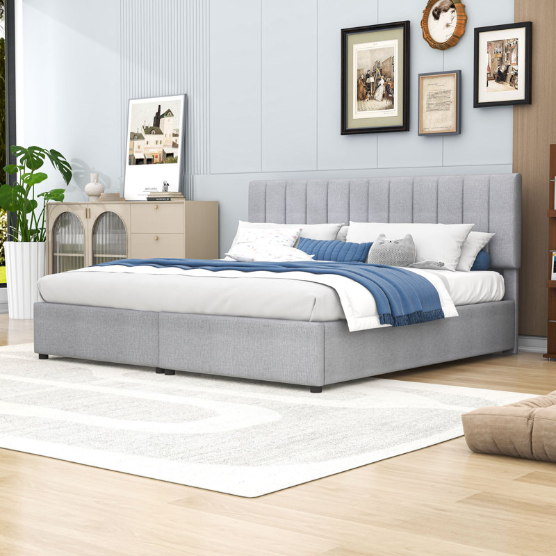 Très grand lit plateforme tapissier avec rangement et tête de lit, gris
