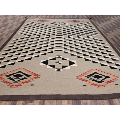 Tapis oriental très grand tissé à la main brun kaki 12 pi 2 po x 14 pi 9 po, motif géométrique tissé à la main, 100% laine, tissé à la main
