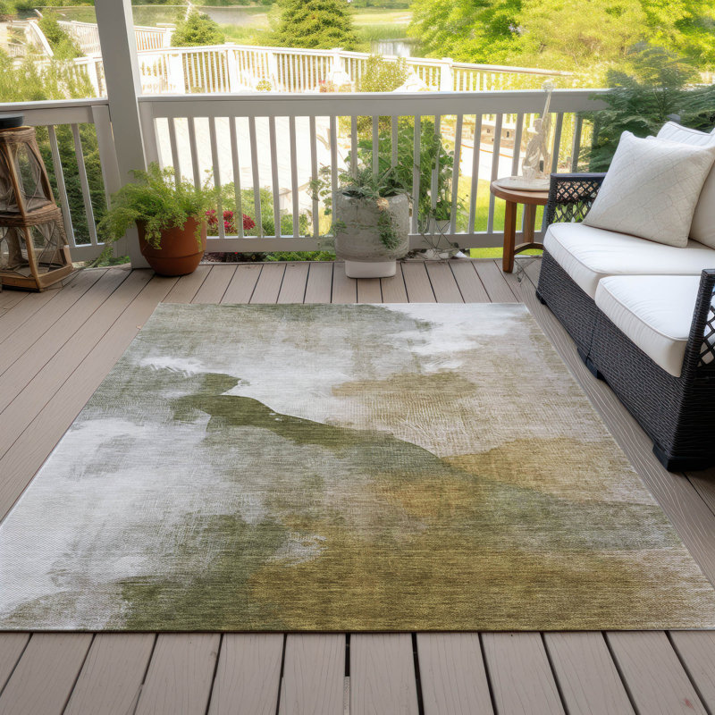 Machine Washable Indoor/Outdoor Xhevrie Green Rug, Rectangle 9' x 12'