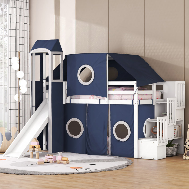 Lit mezzanine simple avec tente et tour - bleu, Bleu
