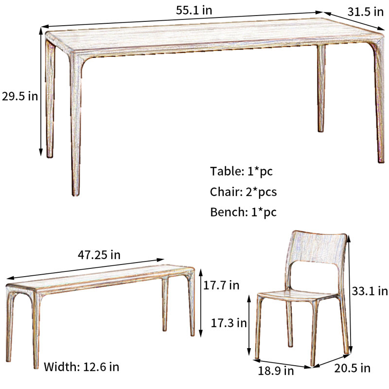 Black Walnut Dining Table Set, 29.5"H x 55.1"L x 31.5"W